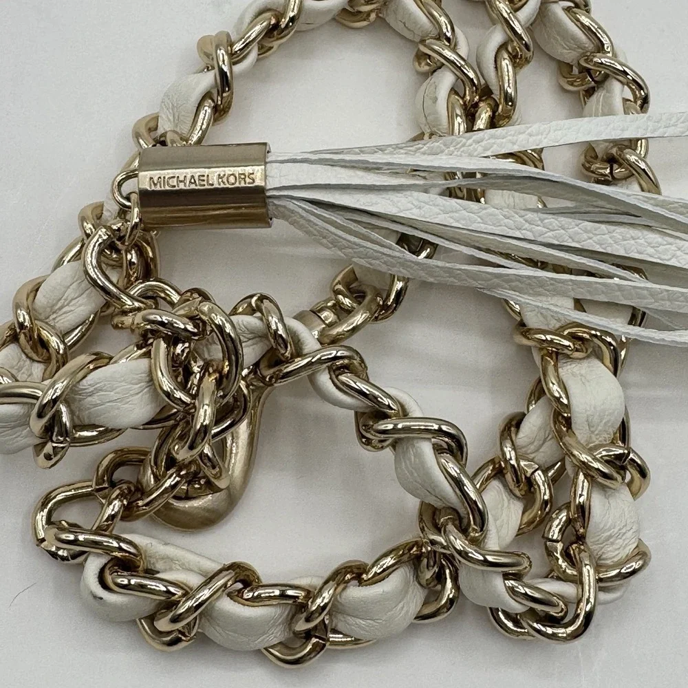 MICHAEL KORS Gold Tone Stainless Steel Metal Chain Belt White Vegan Tassel Sz S